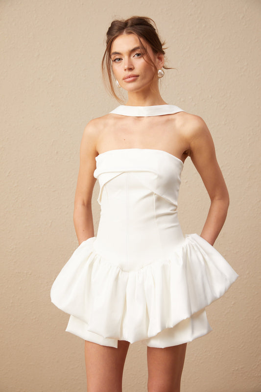 Aurélie white halterneck ruffled mini dress