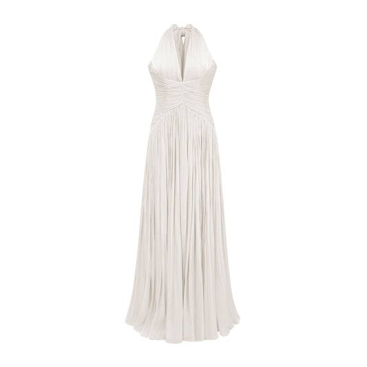 Vraie Plunging V-Neck Pleated Maxi Dress / White