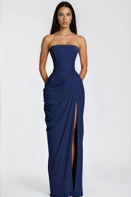 Azalée Strapless Draped High-Slit Maxi Dress / Navy