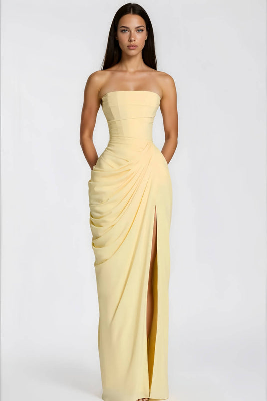Azalée Strapless Draped High-Slit Maxi Dress / Yellow