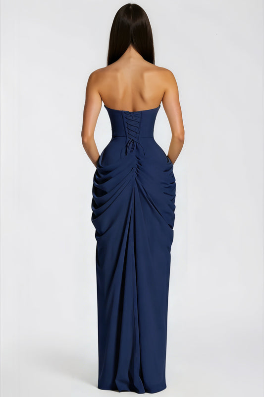 Azalée Strapless Draped High-Slit Maxi Dress / Navy