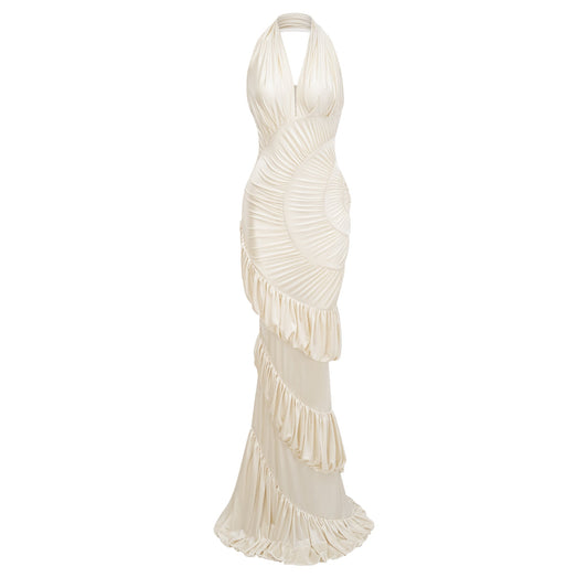 Illusion Halter Neck Pleated Maxi Dress