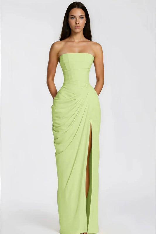 Azalée Strapless Draped High-Slit Maxi Dress / Green