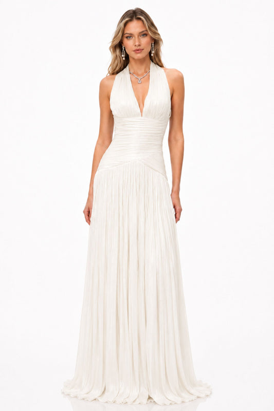 Verdelune Halter Pleated Slit Maxi Dress / White