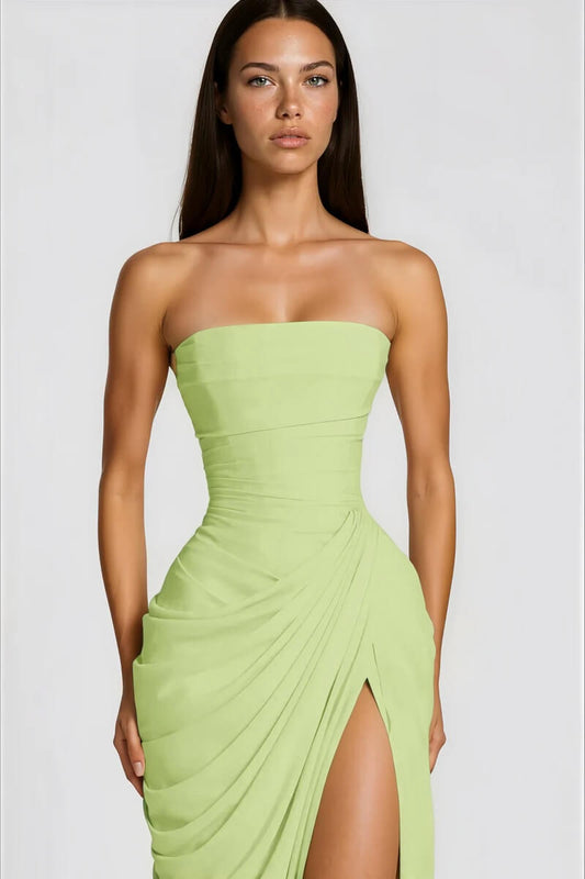 Azalée Strapless Draped High-Slit Maxi Dress / Green