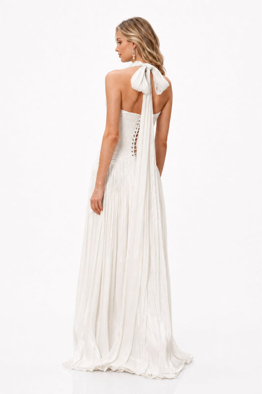 Verdelune Halter Pleated Slit Maxi Dress / White