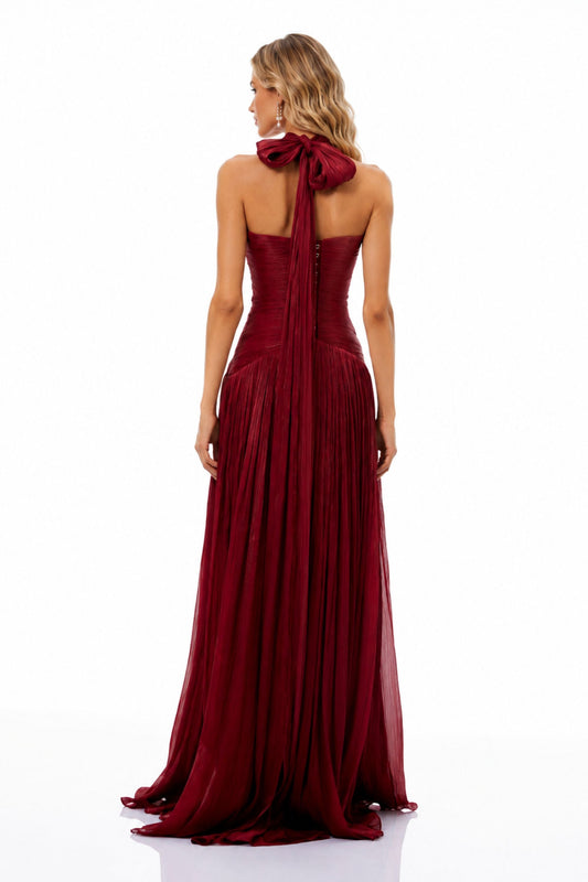 Verdelune Halter Pleated Slit Maxi Dress / Red
