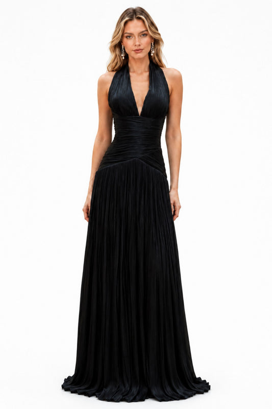 Verdelune Halter Pleated Slit Maxi Dress / Black