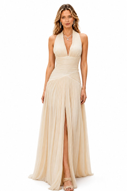 Verdelune Halter Pleated Slit Maxi Dress / Beige