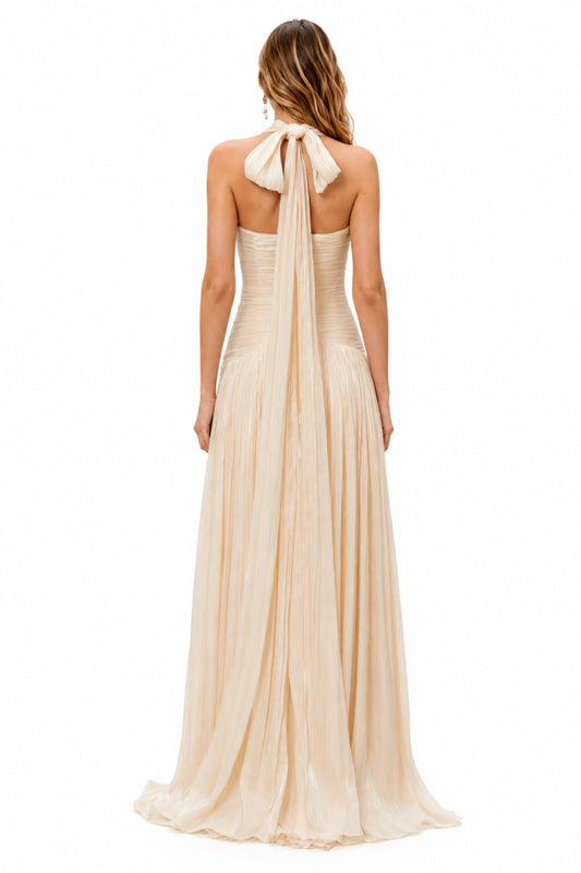 Verdelune Halter Pleated Slit Maxi Dress / Beige