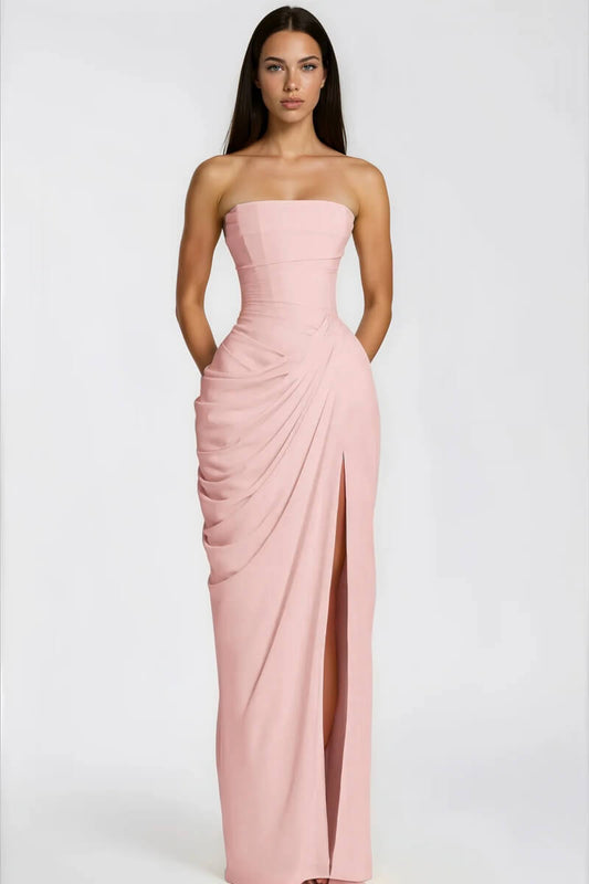 Azalée Strapless Draped High-Slit Maxi Dress / Pink