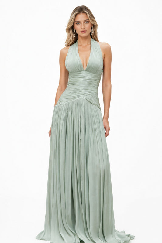 Verdelune Halter Pleated Slit Maxi Dress / Green