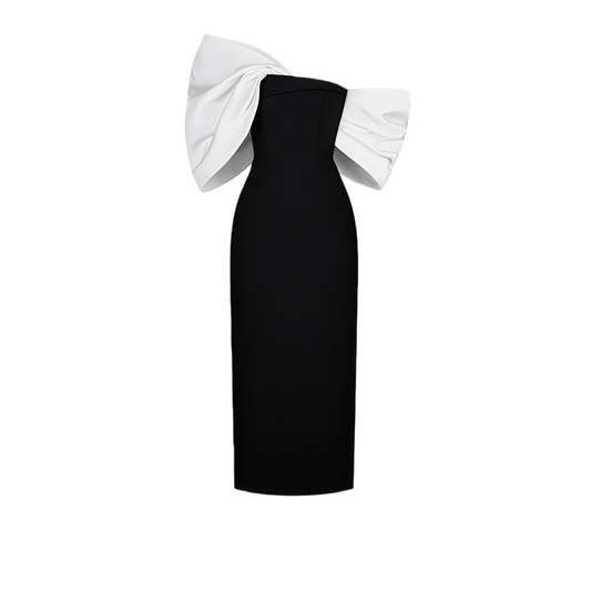 Mathilde Black Midi Dress with Asymmetrical Bow Detail
