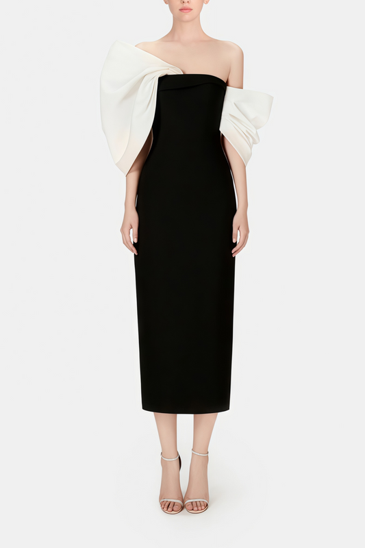Mathilde Black Midi Dress with Asymmetrical Bow Detail