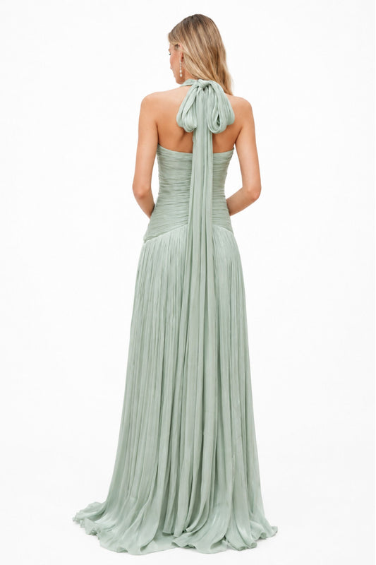 Verdelune Halter Pleated Slit Maxi Dress / Green
