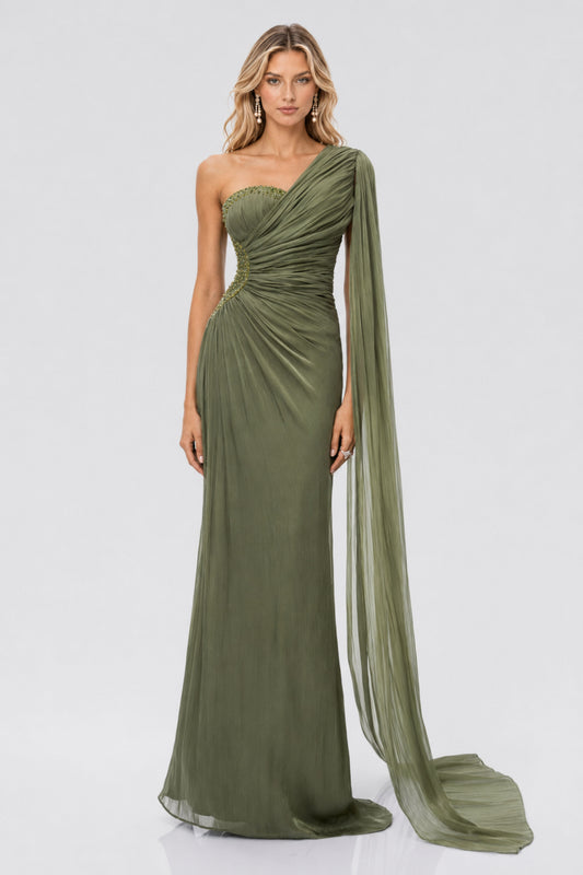 Tiphaine One Shoulder Ruched Maxi Dress / Green