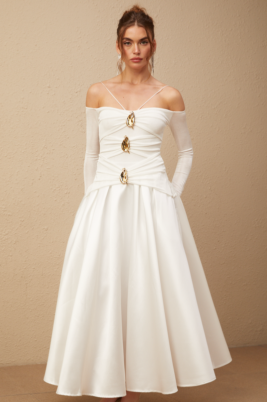 Noémie off-shoulder panelled maxi dress in White