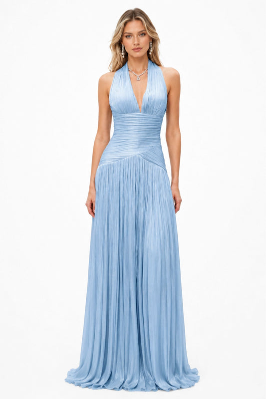 Verdelune Halter Pleated Slit Maxi Dress / Blue