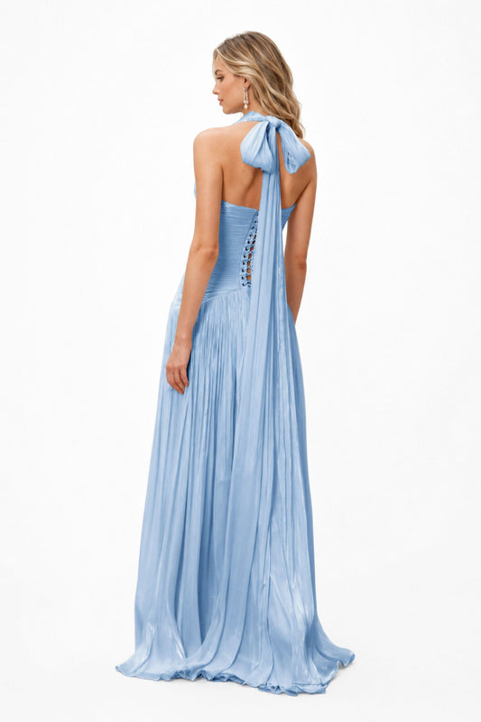 Verdelune Halter Pleated Slit Maxi Dress / Blue