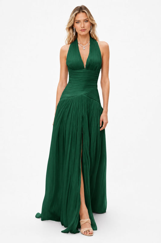 Verdelune Halter Pleated Slit Maxi Dress / Dark Green