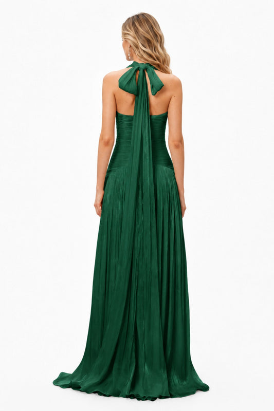 Verdelune Halter Pleated Slit Maxi Dress / Dark Green