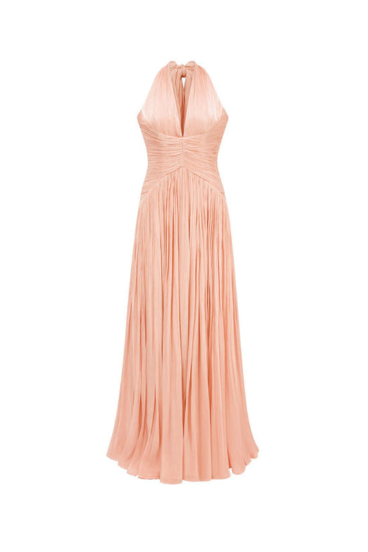 Verdelune Halter Pleated Slit Maxi Dress