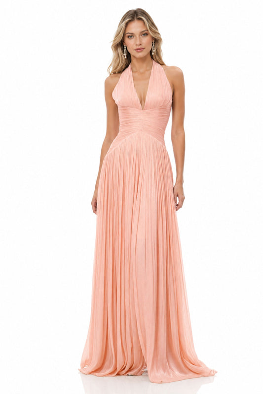 Verdelune Halter Pleated Slit Maxi Dress / Pink