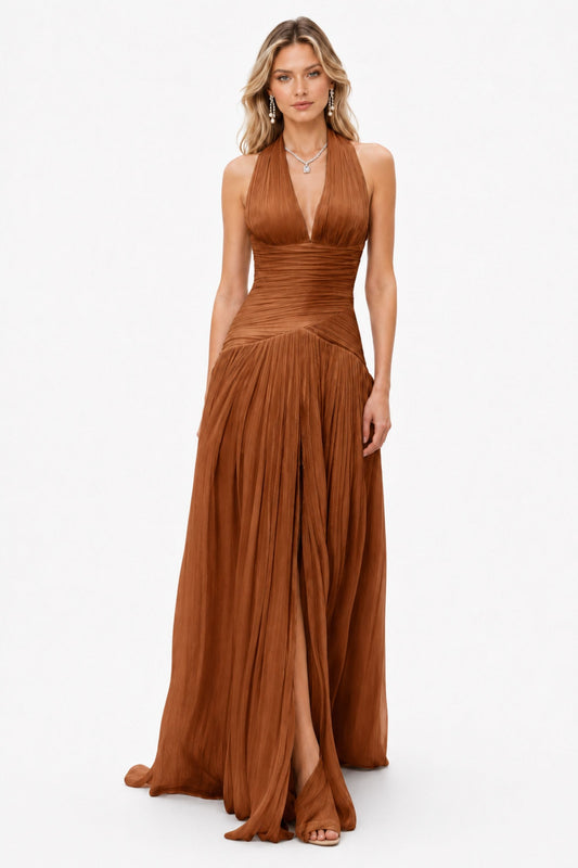 Verdelune Halter Pleated Slit Maxi Dress / Brown