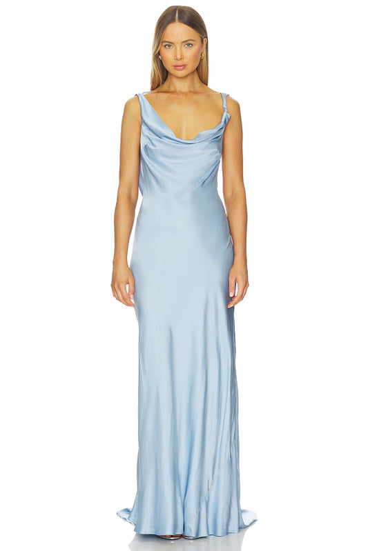 Plunging Neckline Deep Back Satin Maxi Dress