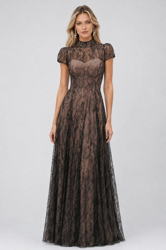 Améliane High-Neck Sequin-Lace Puff-Sleeve Maxi Dress / Black