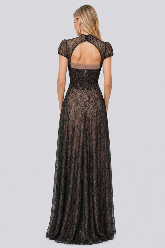 Améliane High-Neck Sequin-Lace Puff-Sleeve Maxi Dress / Black