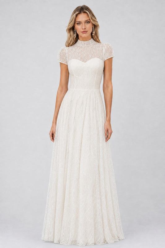 Améliane High-Neck Sequin-Lace Puff-Sleeve Maxi Dress / White