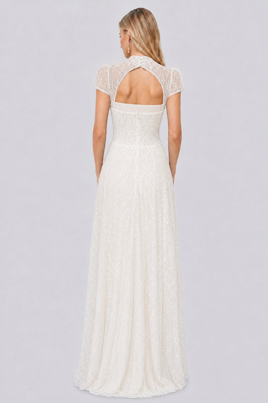Améliane High-Neck Sequin-Lace Puff-Sleeve Maxi Dress / White