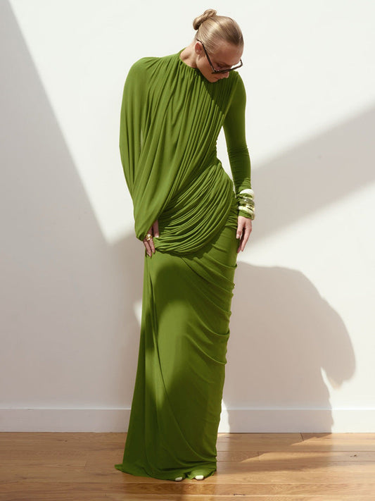 Anaëlle Draped High Neck Long Sleeve Maxi Dress