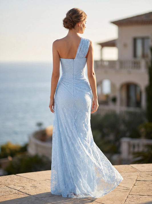 Angélique One Shoulder Draped Lace Maxi Dress / Blue