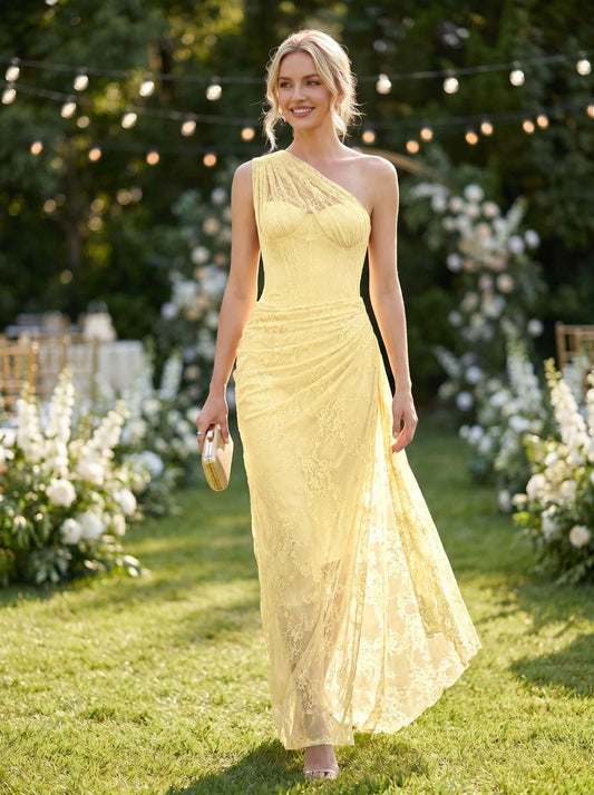 Angélique One Shoulder Draped Lace Maxi Dress / Yellow
