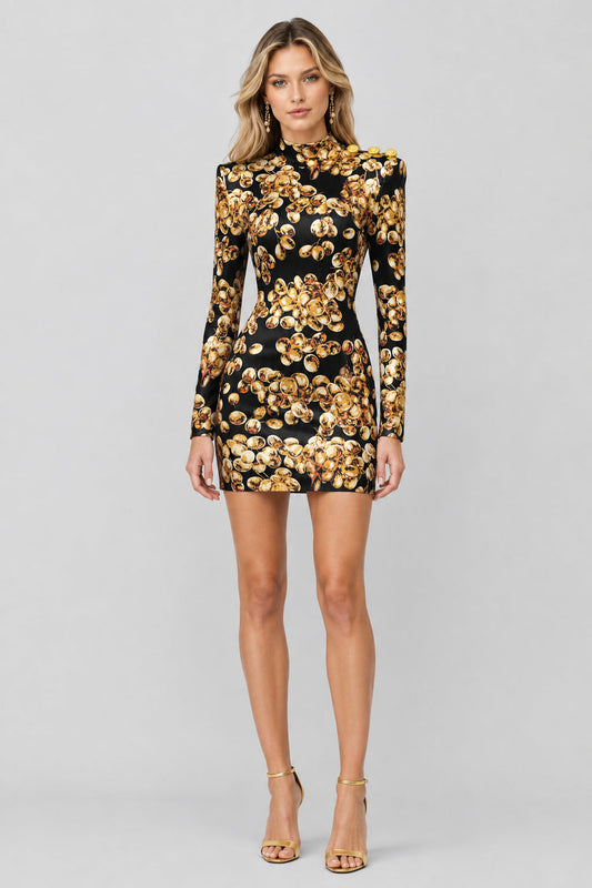 Aurélisse High-Neck Padded-Shoulder Printed Mini Dress / Gold
