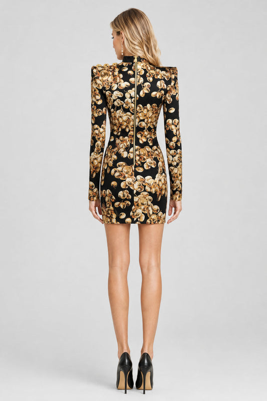 Aurélisse High-Neck Padded-Shoulder Printed Mini Dress / Gold