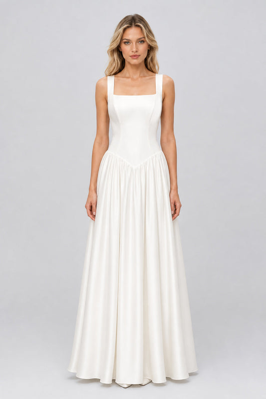 Aveline Square-Neck Basque-Waist Satin Maxi Dress / White