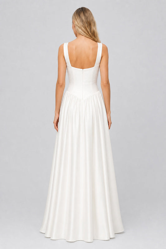 Aveline Square-Neck Basque-Waist Satin Maxi Dress / White