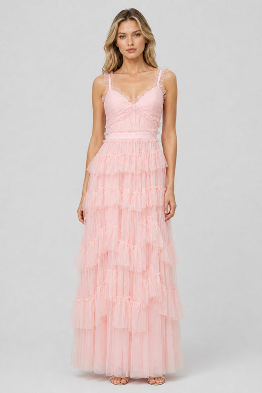Avelisse Ruffle-Strap Tiered Tulle Maxi Dress / Pink