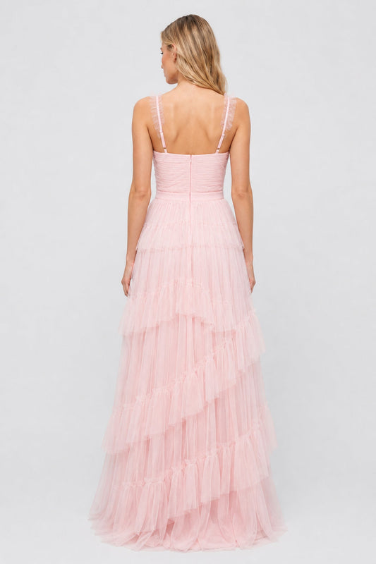 Avelisse Ruffle-Strap Tiered Tulle Maxi Dress / Pink