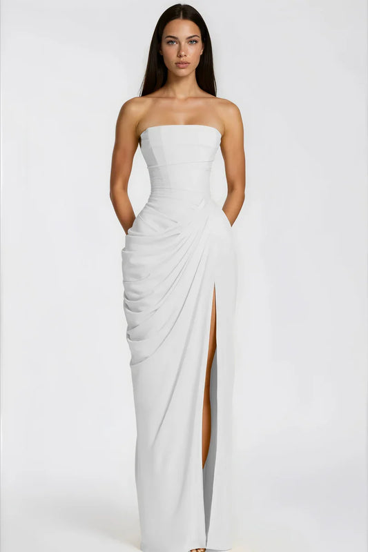 Azalée Strapless Draped High-Slit Maxi Dress / White