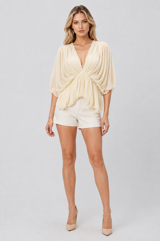 Caléorine Deep-V Ruched Batwing Chiffon Blouse / Beige