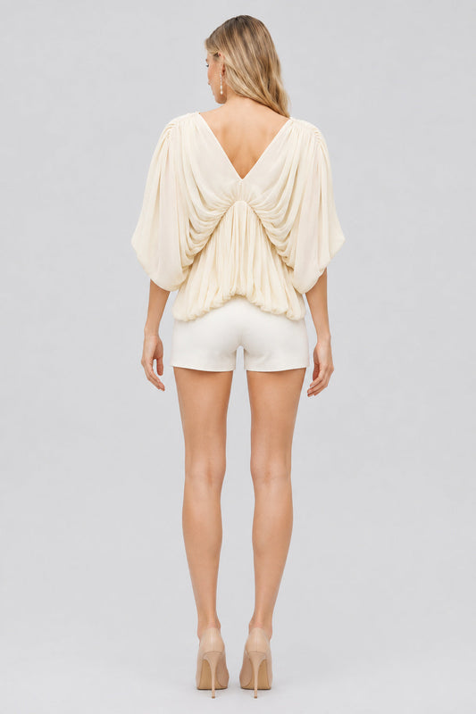 Caléorine Deep-V Ruched Batwing Chiffon Blouse / Beige