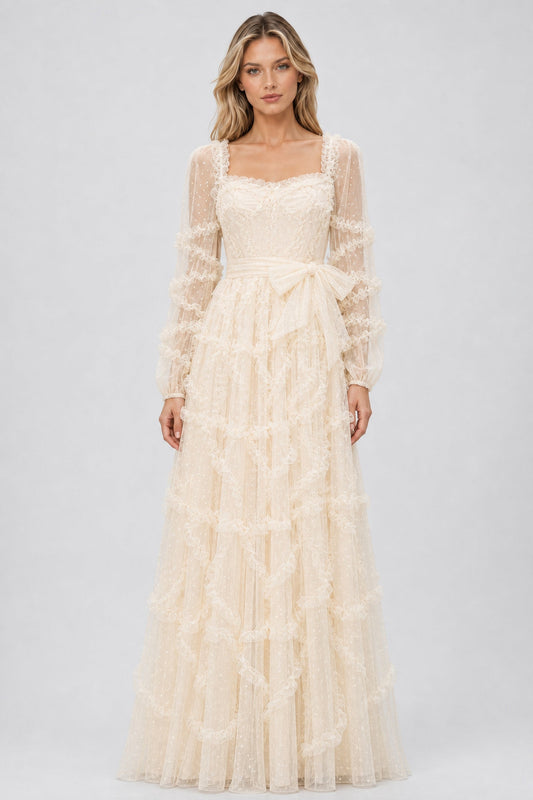 Celestine Square-Neck Ruffle-Dot Tulle Maxi Dress / Apricot