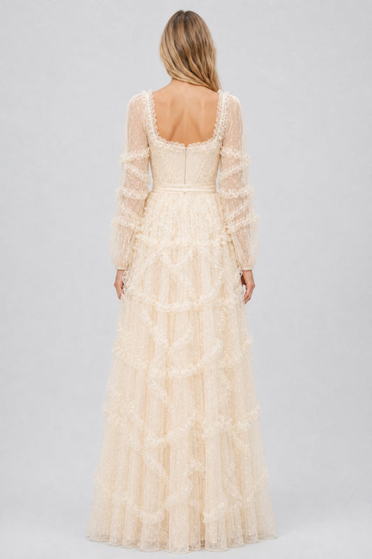 Celestine Square-Neck Ruffle-Dot Tulle Maxi Dress / Apricot