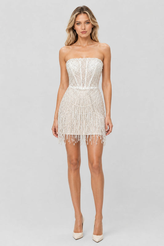 Cyrielle Strapless Beaded Fringe Mini Dress / White