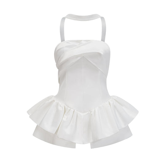Aurélie white halterneck ruffled mini dress