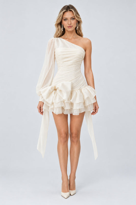 Éden One Shoulder Ruched Mini Dress / White
